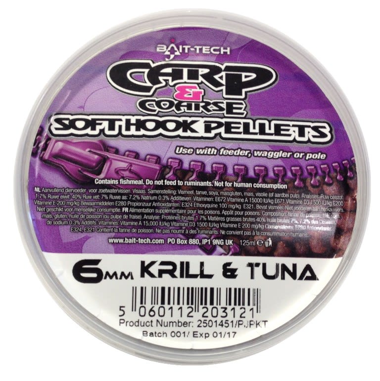 Bait-Tech Pelety v krabičce Soft Hook Pellets Krill & Tuna, 125ml